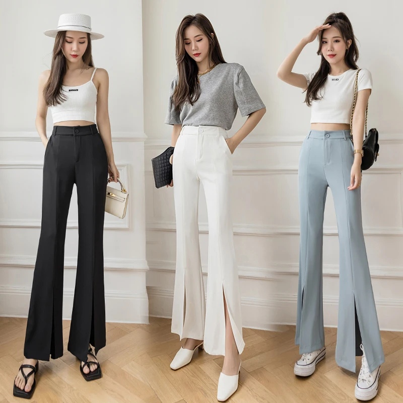 

Hot White Chiffon Slit Flared Wide Leg Suit Pants 2023 Summer Fall Thin High Bake Elastic Waist Split Black Vintage Pants Women