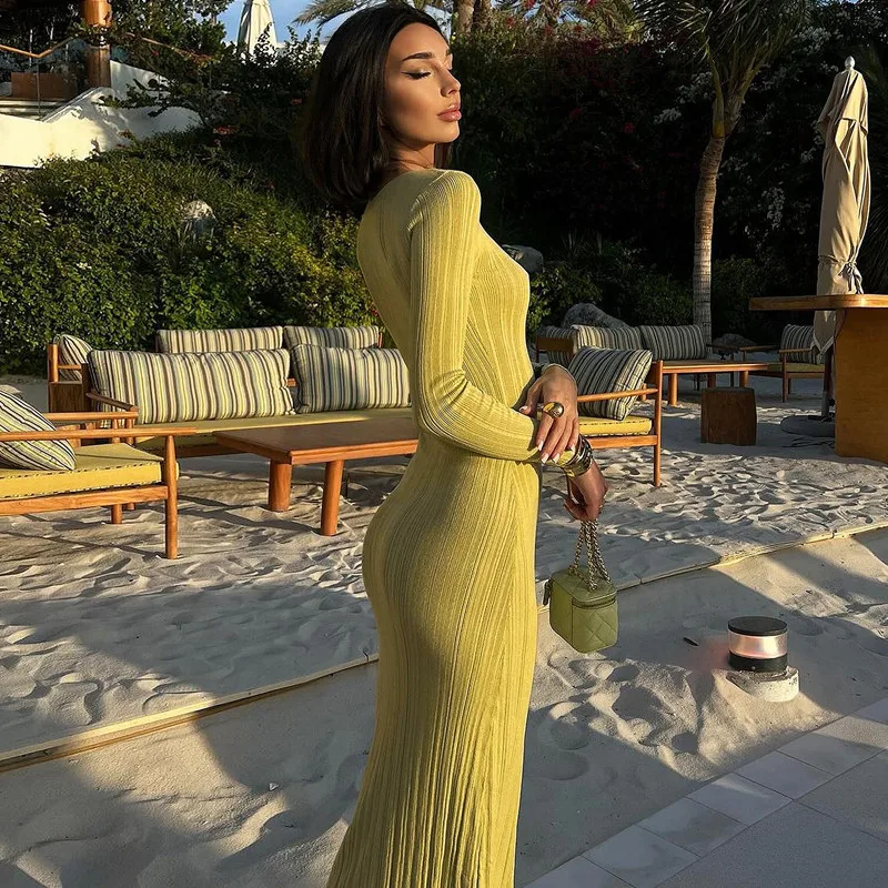 Fashion Autumn Slim Maxi Dress For Women High Waist Patchwork Ribbed Elegant Party Dress Ladies Solid Long Dress Clothes