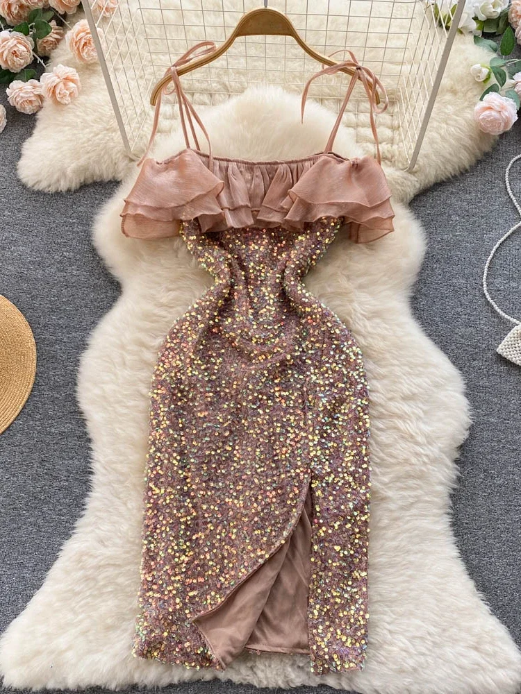 Women Evening Party Dress Fashion Summer Sequins Split A-line Bodycon  Dresses Ladies Sexy Off The Shoulder Ruffles Midi Dress - AliExpress  200000345