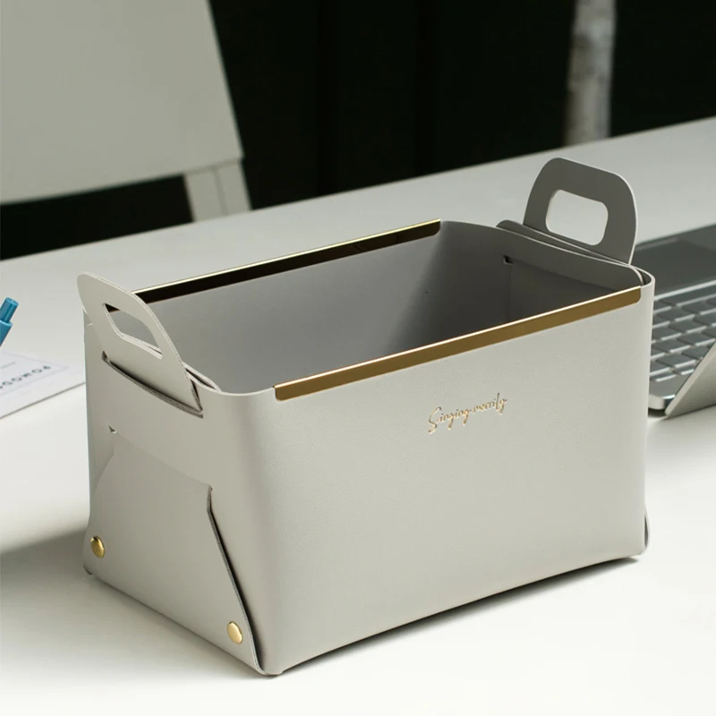 Metal Edged Leather Cosmetic Storage Boxes Creative Home Desktop Storage Ornament Solid Color Retro Exquisite Storage Basket 4
