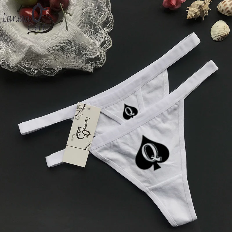 

Women Thongs G-string Underwear Poker Q Qos Print Panties Comfortable Cotton Sexy Ladies Underpants Plus Sizes