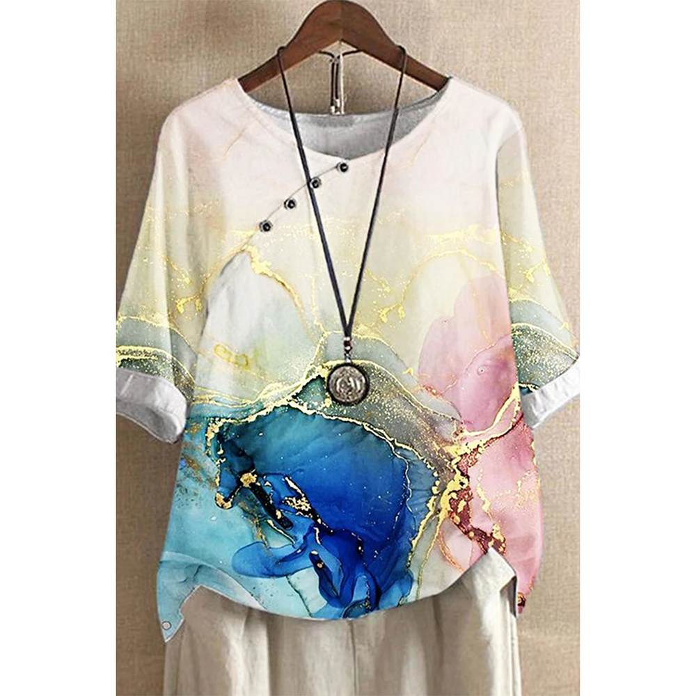 Plus Size Casual White Cotton And Linen Button Glitter Oil Painting Print Blouse cotton linen plus size collared shirt womens long sleeve vintage embroidery blouse tops button up ladies clothes casual