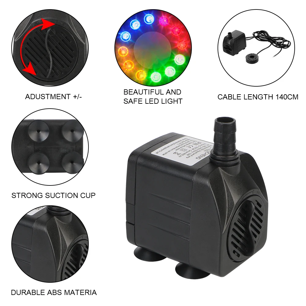 Water Fountain With 12 LED Light Ultra-quiet with Power Cord Submersible for Garden Aquarium Fish Tank Bird Bath