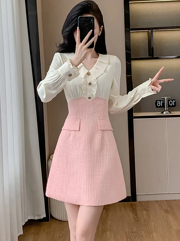 Women Pink Patchwork White Long Sleeve Ruffled Collar Mini