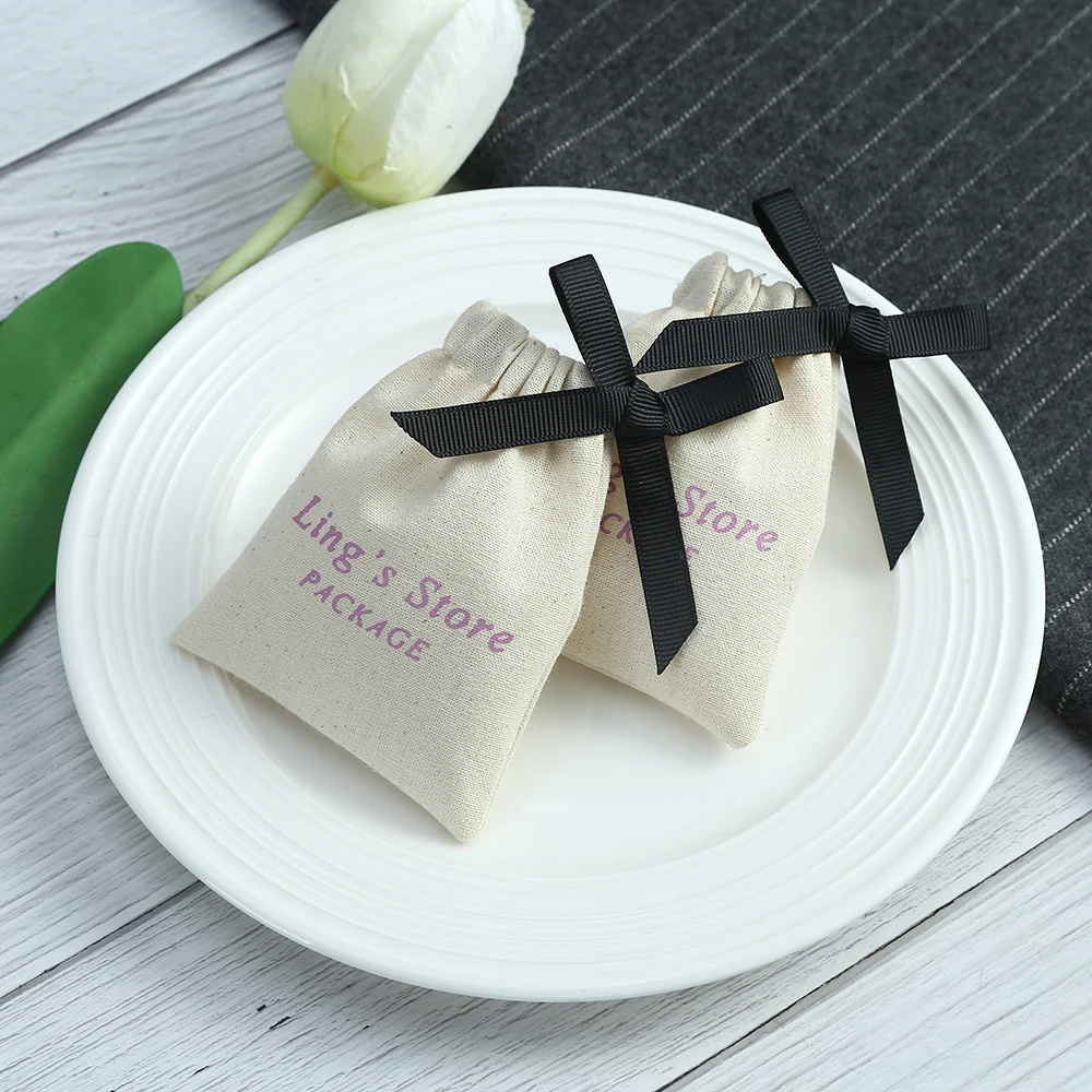 100 Personalized Logo Custom Nature Cotton Drawstring Bags Jewelry Pouches Packaging Chic Wedding Favor Bag with Black Ribbon