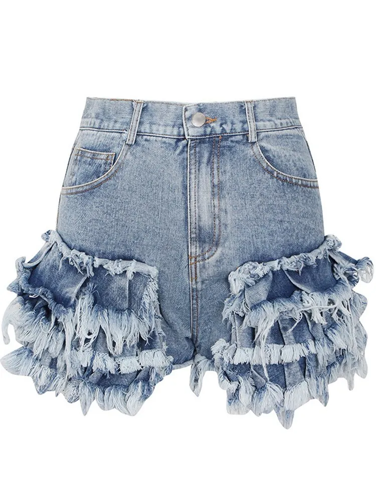 BPN Fashion Patchwork Tassel Shorts For Women High Waist Patchwork Pokcets Slimming Solid Denim Short Pants Female Clothing New