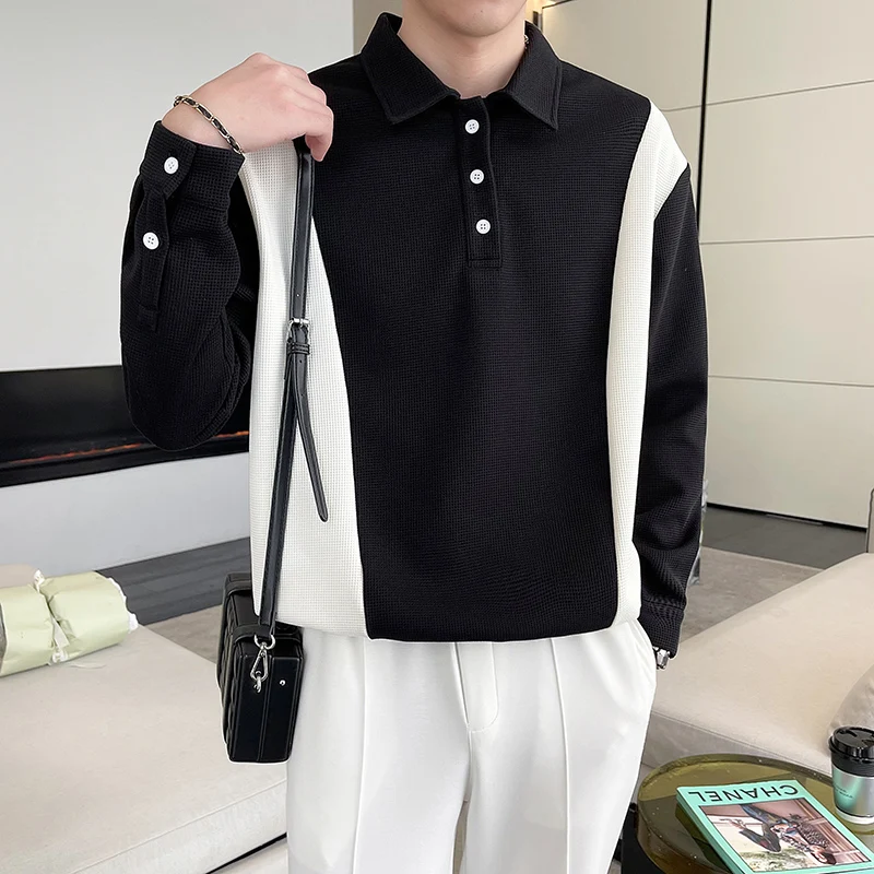 

2022 Men's Color Stitching Casual Hoodies Lapel Collar Coats Fashion Single Breasting Sweatshirts White/black Pullover M-3XL
