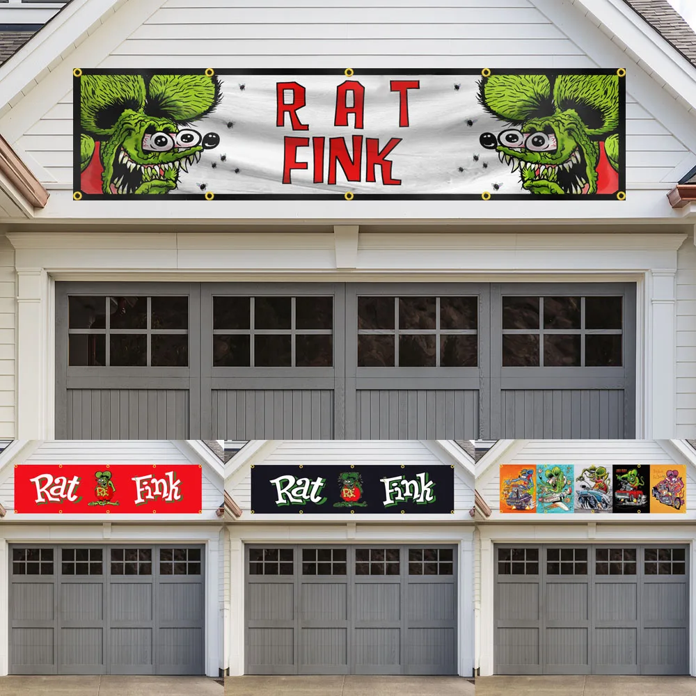 Rat Fink Flag Racing Show Motoring Workshop Garage Banner Decorazione Poliestere Può Essere Personalizzato Outdoor Home 60X240Cm 2 X8Ft