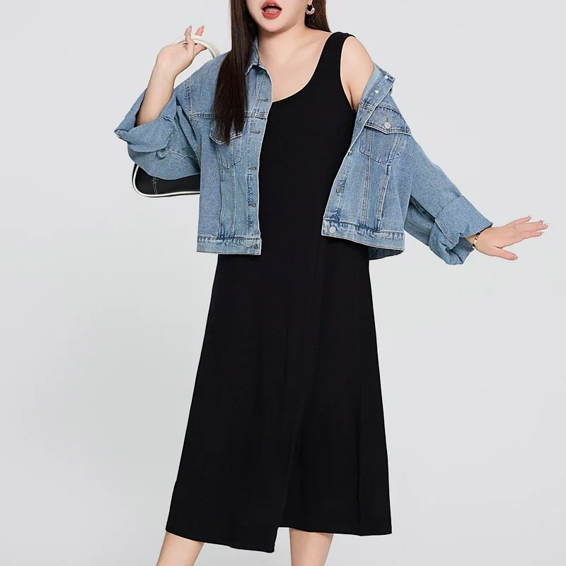 Plus Size Women's Short Jacket Premium Light Blue Loose Denim Coat Single Breasted Jean Preppy Style Autumn 2025