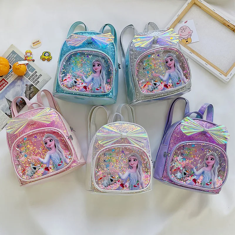 Disney Kids Zaini Paillettes Frozen Elsa Anna Zaino Fashion Glitter Bag Girls Kawaii Pu Leather Travel Backpack Gifts