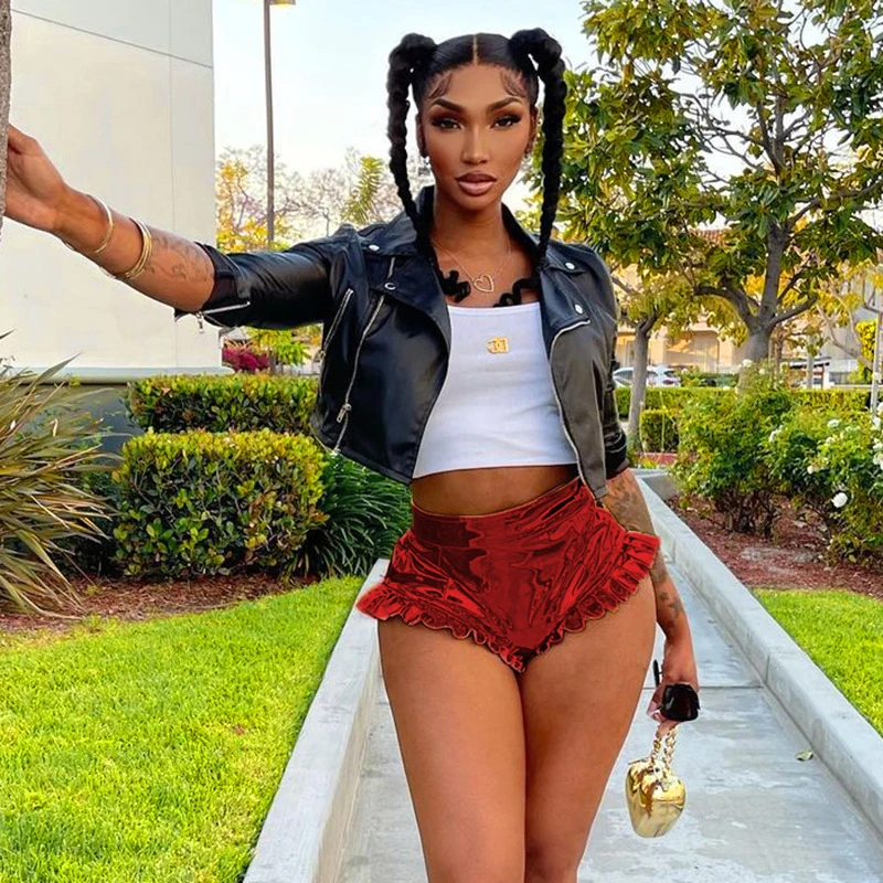 Frills Metallic PU Leather Booty Shorts Sexy Women Summer Clothing Festival Clubwear High Waisted Shorts Y2k Fashion Gold Silver