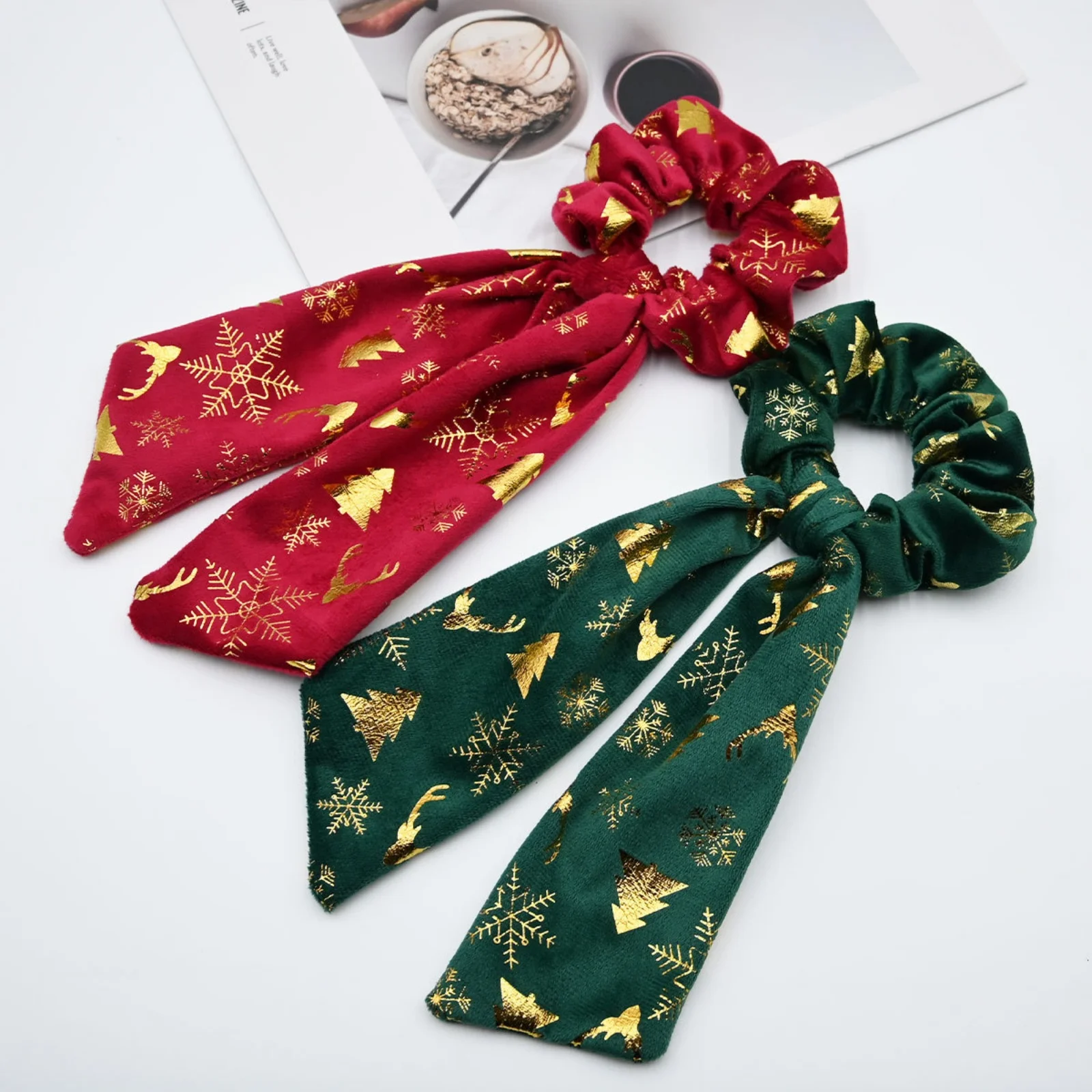 1PC Christmas Print Scrunchie,Red Green Hair Ties, Gold Snowflake Tree Deer Scarf Scrunchies, Festive Holiday Hair Accessories