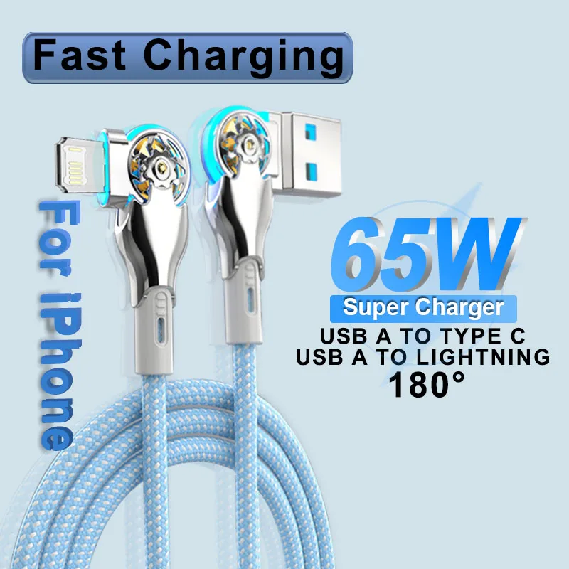 Колено 180 ° вращение 65 Вт USB C к L плетеный кабель для iPhone 14 13 12 Pro Max быстрая зарядка для Samsung зарядное устройство аксессуар