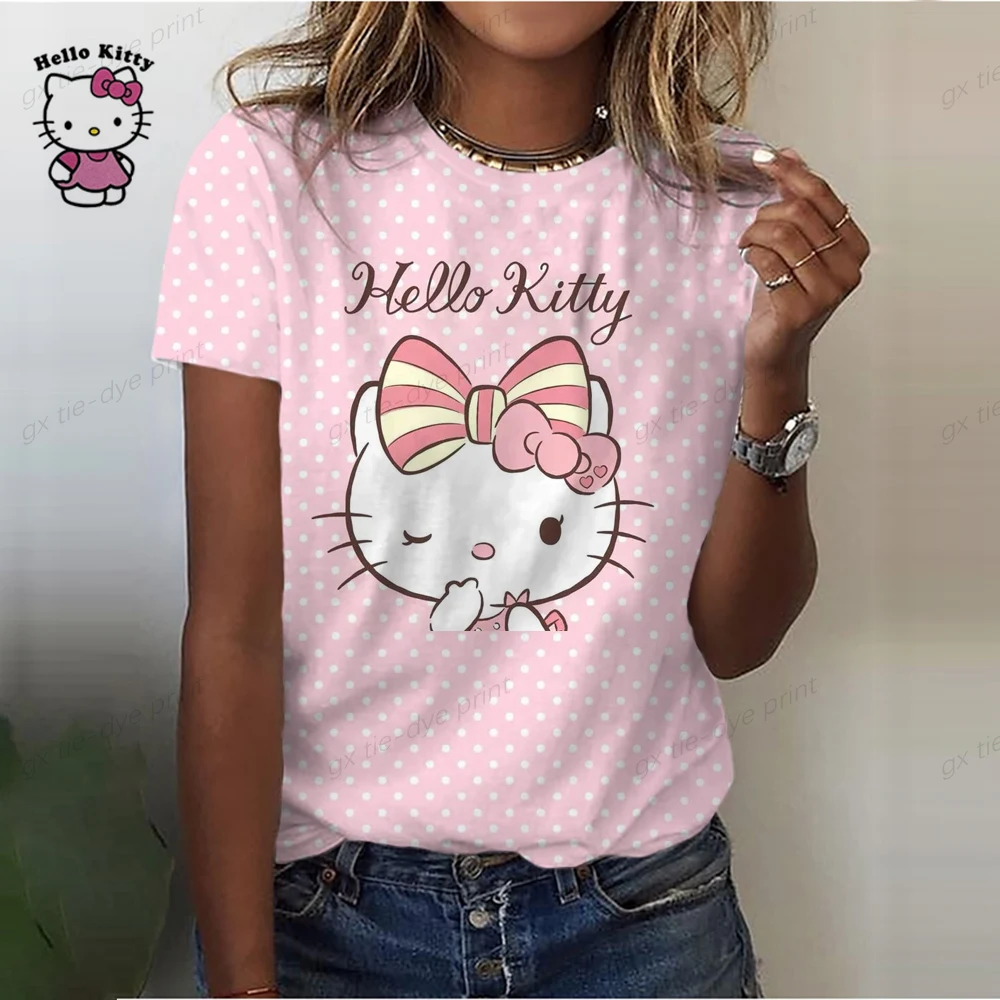 thumbnail image 1 of Camiseta informal de manga corta a color para mujer, camisetas de cuello redondo estilo Harajuku, camisetas con estampado de dibujos animados de Hello Kitty, camisetas gráficas kawaii para mujer, 1 of 5