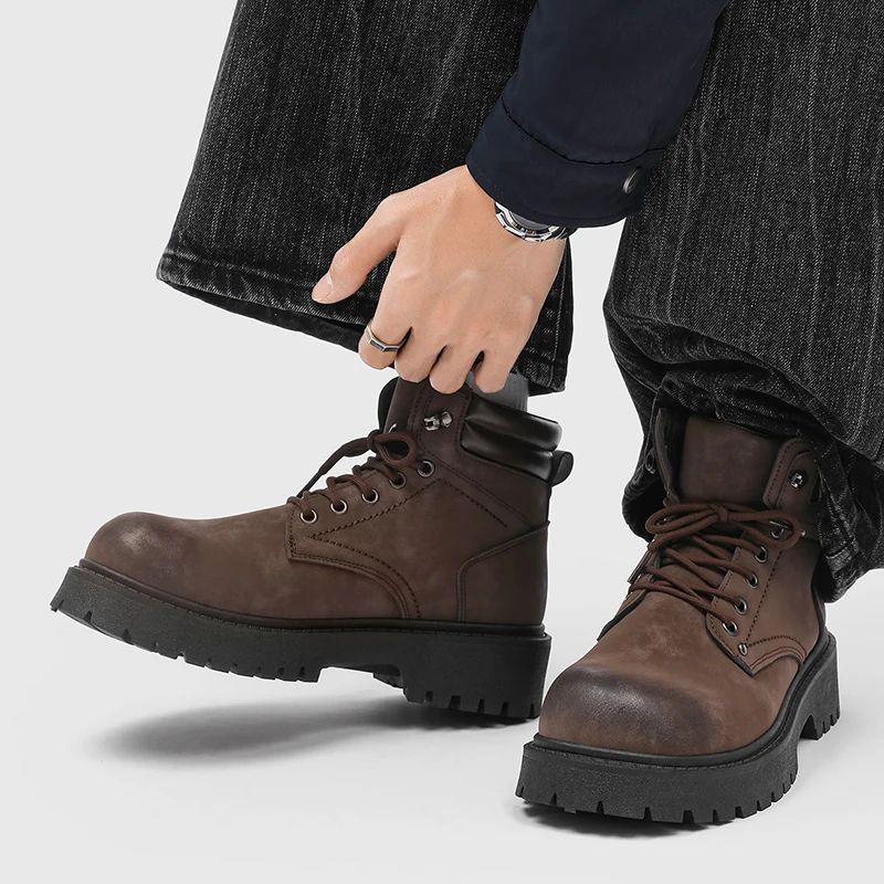 Men's  Boots High Top Thick Bottom Heightening Retro Workwear Casual Trendy Shoes British Style round Toe Rubber Outsole - 5