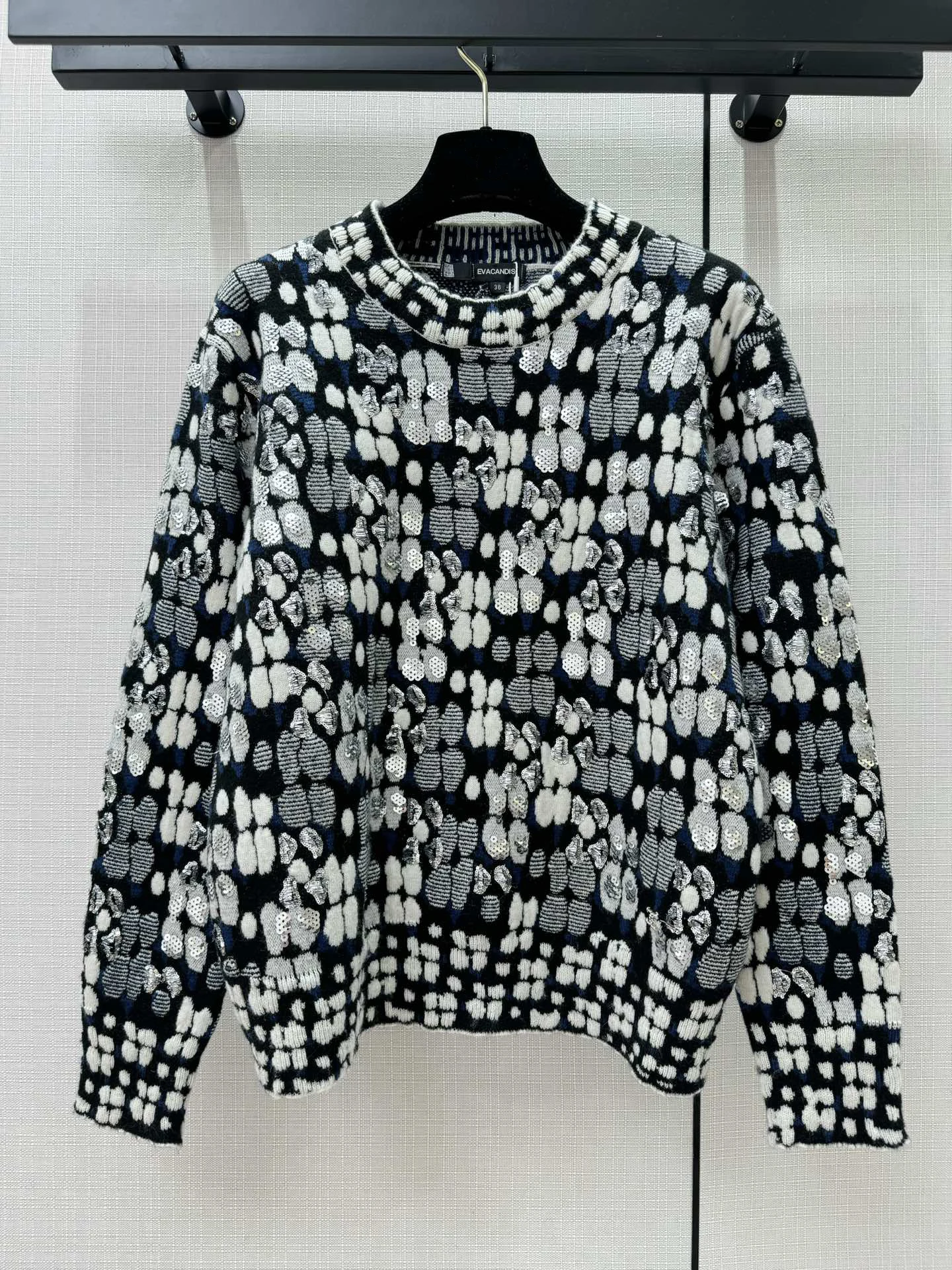 

EVACANDIS Cashmere Silk Blended Jacquard Sequins Women New Knitted Pullover Tops O-Neck Long Sleeve Elegant Casual Chic Sweater