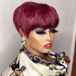Elegant Brown Pixie Cut Wig with Bangs - Premium Human Hair - 6inches (99J)