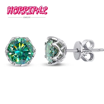 HORRIPAL 0.5-2CT Real Green Moissanite Stud Earrings S925 Sterling Silver 18k White Gold Plated GRA Lab Diamond Jewel Woman Man