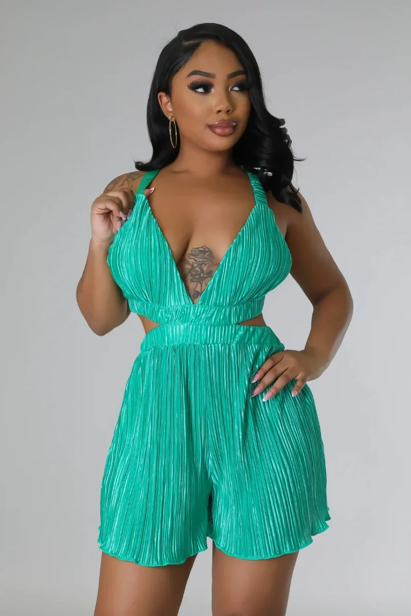 

KEXU Pleated Spaghetti Strap V-neck Backless Flare Playsuit Sexy Women Romper 2023 Summer Beach Fashion One Piece Suit