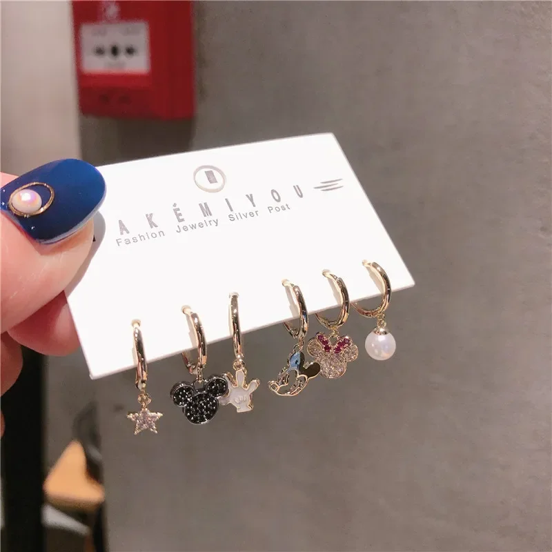 

Disney Anime 6pcs/set Mickey Mouse Earrings 925 Sterling Silver Series Earstuds Women's Accessories Girlfriends Birthday Gifts