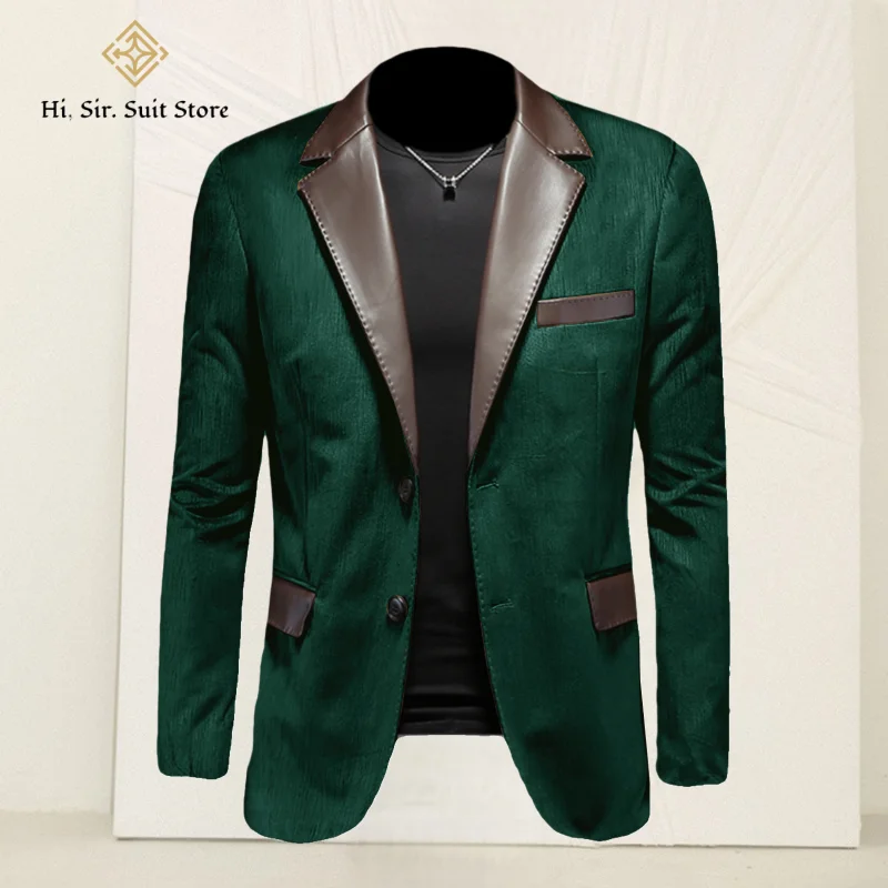 Hot Mens Blazer Jacket Faux Leather Suit Jacket Casual 2 Buttons Suede Sport Blazer Patchwork Leather Collar Coat Business Party