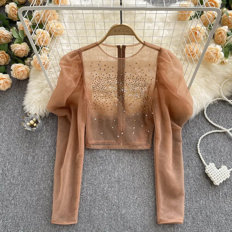 

Elegant Rhinestone Decoration Women Blouse 2024 Fashion Spring Summer O-Neck Puff Long Sleeve See Through Mesh Cropped Top Shirt