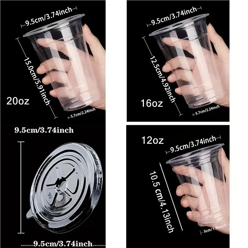 12/16/20OZ Disposable Transparent Plastic Cup Flat Lid Drinking Cup for Parties Birthdays Weddings Camping Kitchen Utensils