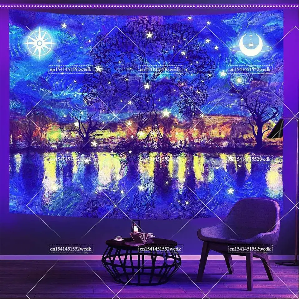 Arazzo Luminescente UV Apdidl - Cascata Fantasy - 152x190 Cm - Poster Con Luce Nera Per Camera Da Letto