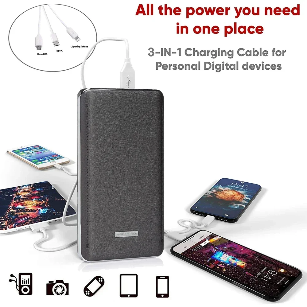 12V Mini Leather Car Jump Starter Booster Portable Car Power Bank 10000mAh Multifunctional Engine Battery Emergency Start
