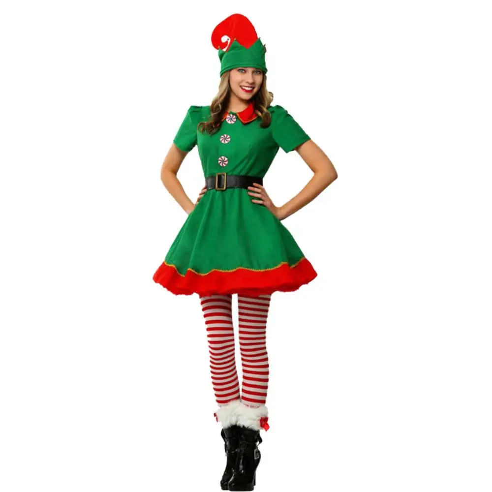 2025 New Christmas Women and Girl Green Elf Cosplay Family Party Costume Santa Claus Halloween New Year Fancy Dress Clothes Set