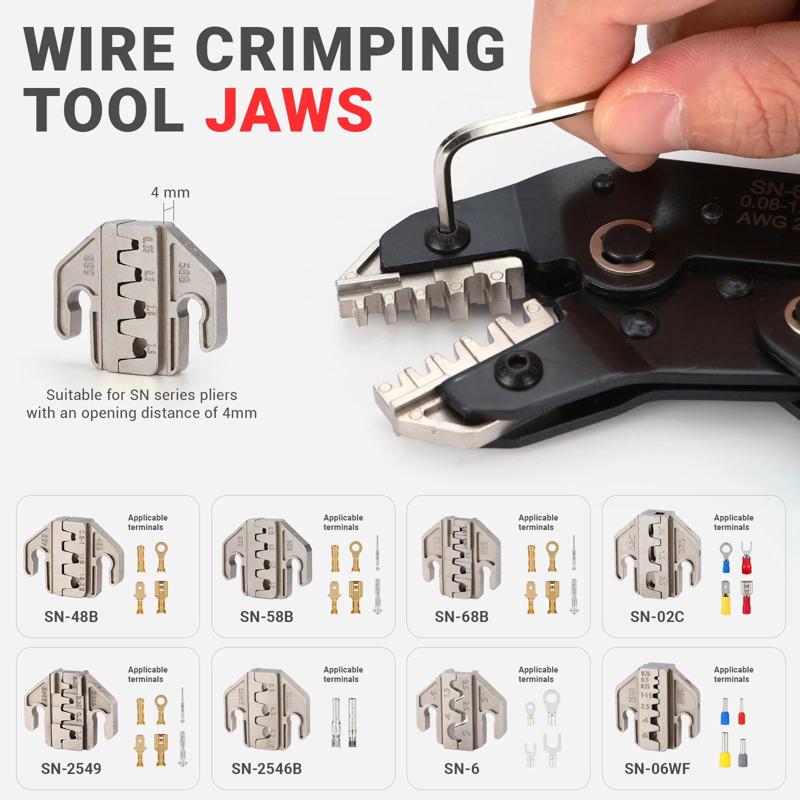 SN Series Crimper Tools Plier 4mm Slot Jaws Set For Crimping Non Pre Insulated/Solar/Ferrule/Coaxial Cable/Open Barrel Terminals SN Series Crimper Tools Plier 4mm Slot Jaws Set For Crimping Non Pre Insulated/Solar/Ferrule/Coaxial Cable/Open Barrel Terminals