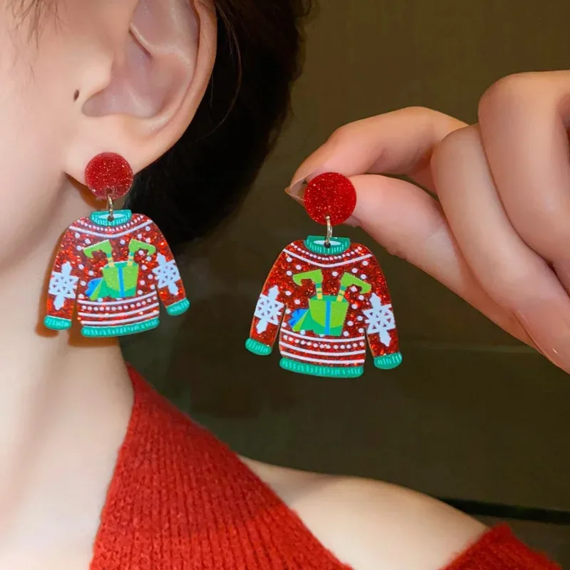Christmas Earrings for Women Glitter Sweater Shaped Acrylic Dangle Earrings Cute Elk Snowman Santa Claus Party Jewelry Gifts