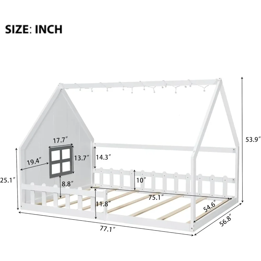 House Bed for Kids Full Montessori Floor Bed Wood Frame with Rails and Window, No Box Spring Needed, for Kids Teens Girls Boys 2