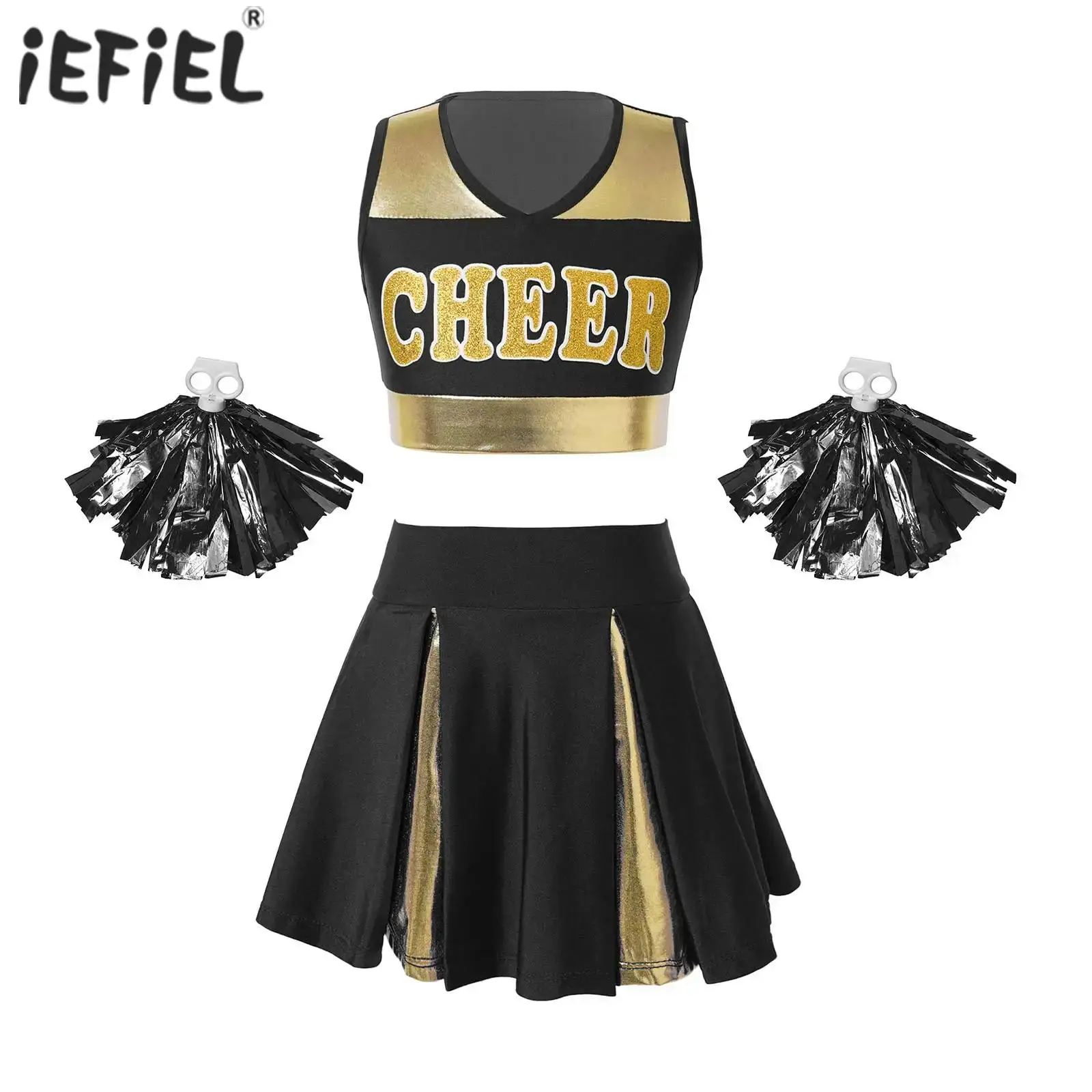 

Kids Girls Cheer Leader Costume Halloween Party Dress Up Cheerleading Dance Uniform Crop Top Pleated Skirt Sets with Pom Poms