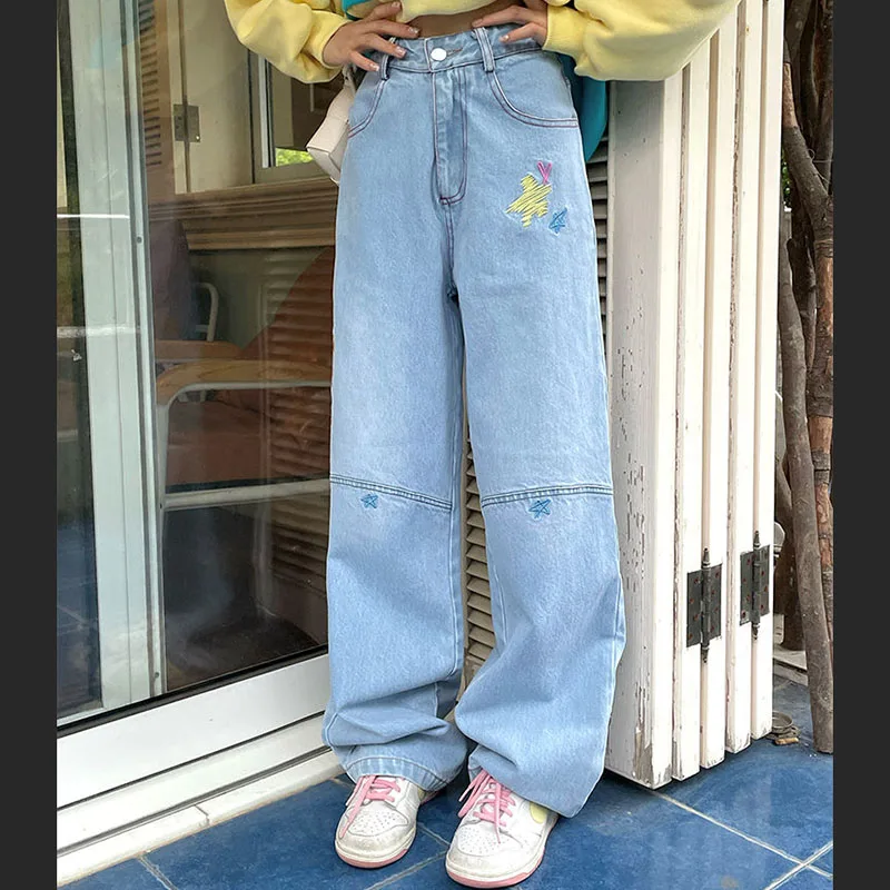 

Y2K Embroidered Low Waist Jeans Women 2023 Autumn Korean Loose Wide Leg Casual Pants Woman Straight Denim Trousers Streetwear