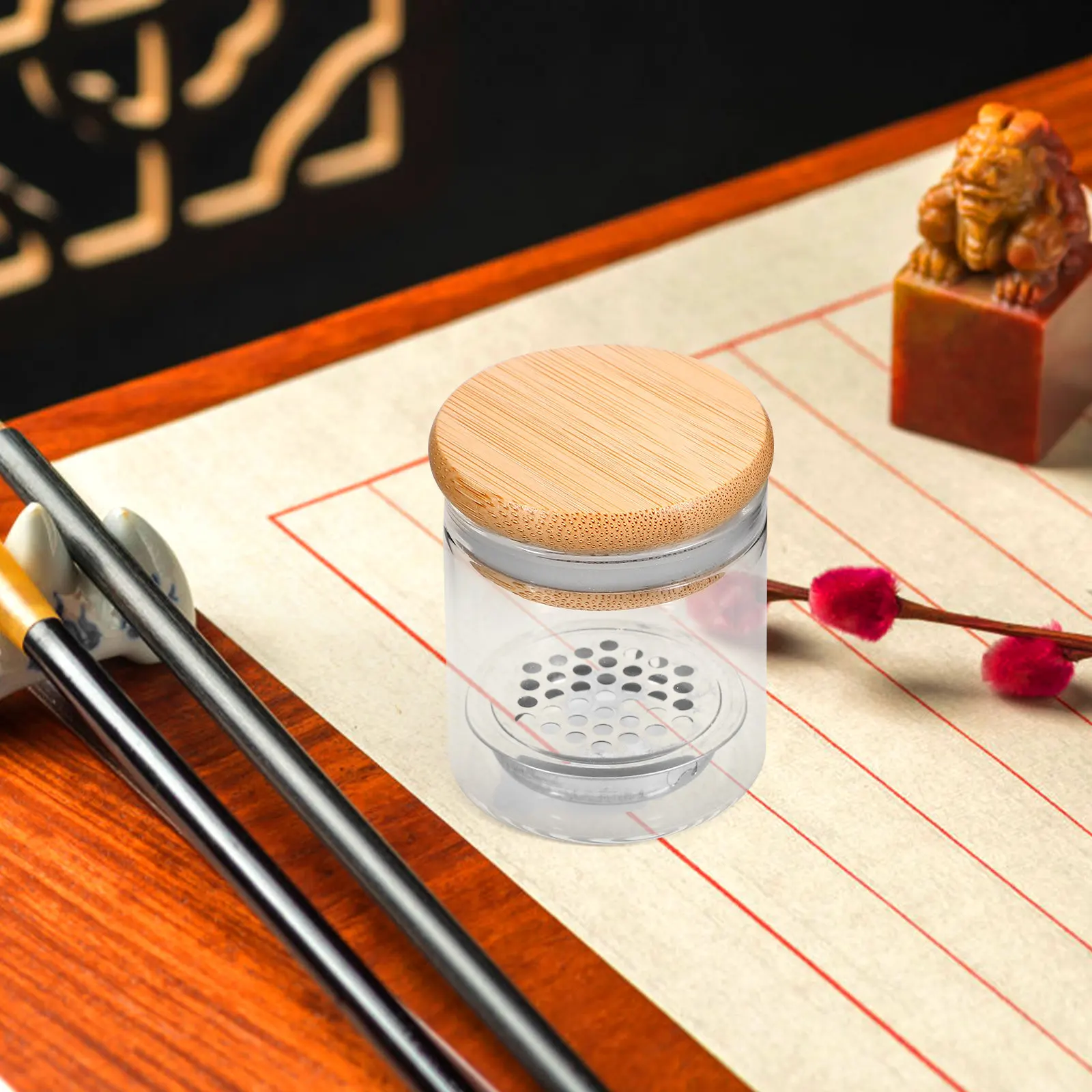 예술가와 서예가를 위한 유리 브러쉬 컵, 높이가 있는 디자인, 여러 브러쉬 수납 가능, 나무 받침, 반짝이는 글리터 장식, 세척 용이