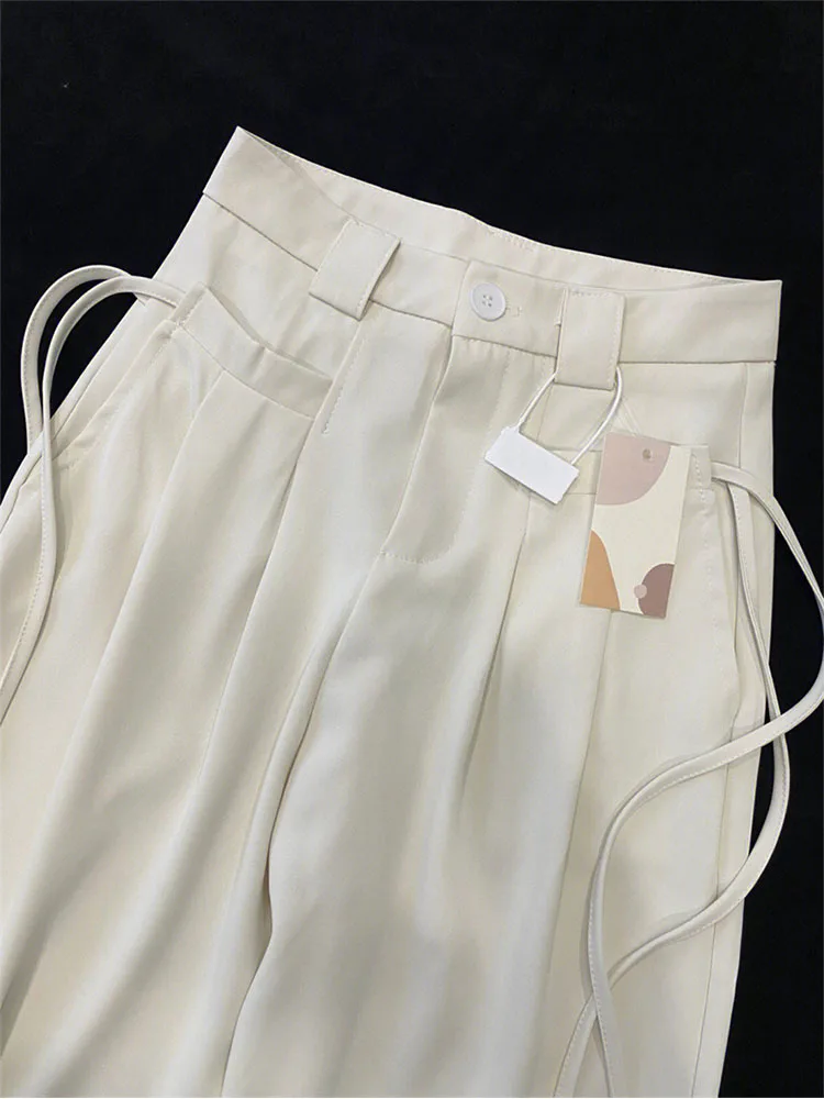 Women Beige Waist Belt Comfort Fit Korean Pants