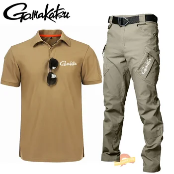 Gamakatsu 남성용 특수 부대 낚시 세트, 야외 빠른 건조 통기성 스포츠 티셔츠 및 멀티 포켓 전술 바지, 여름 신상