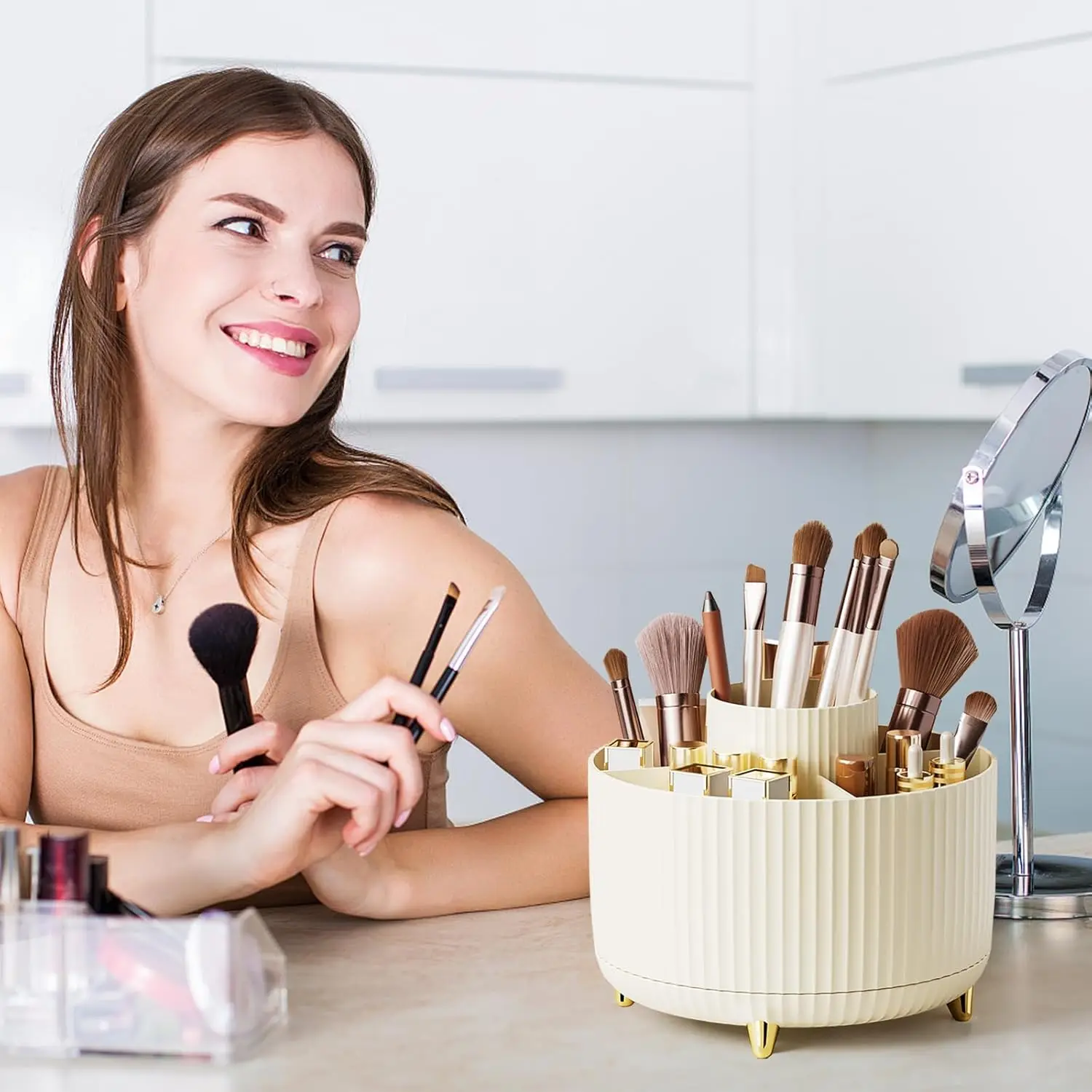 Makeup Brush Organizer 360° Rotating Cosmetic Organizer 5 Slot Makeup Brushes Cup Bathroom Vanity Desktop Storage Holder 6