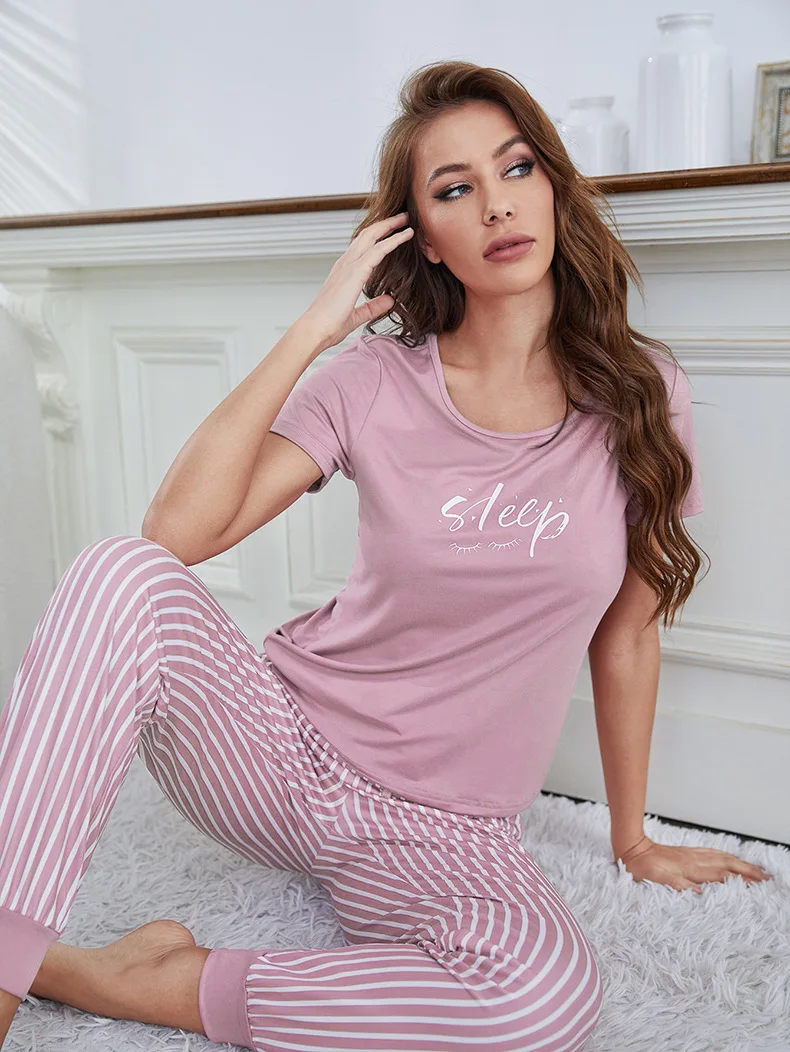 2Pcs Women Plus Size Pajamas Short-Sleeved White Striped Drawstring Trousers Student Homewear Suit Letter Print T-Shirt Ladies