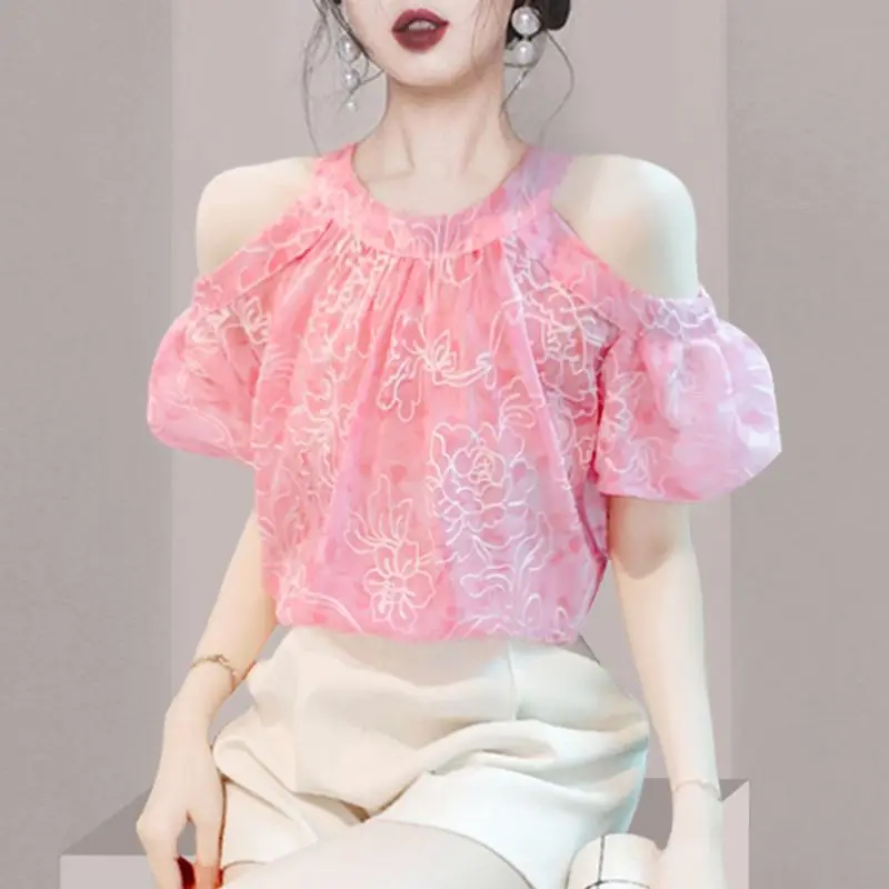 Fashionable Fairycore Summer New Blouses Women's Spliced Printing Loose Off the Shoulder Round Neck Short Sleeve Pullover Shirts