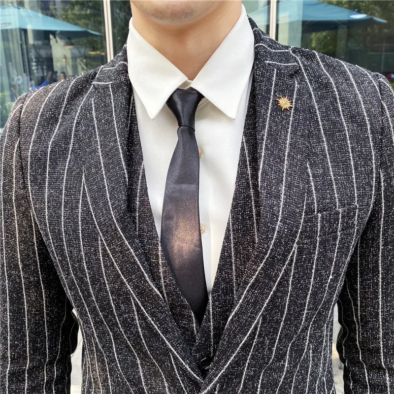 Men's Suit Fashion Khaki Stripes Business Office Formal Male Jacket Set Elegant Wedding Banquet 3 Piece ( Blazer + Pants +Vest )