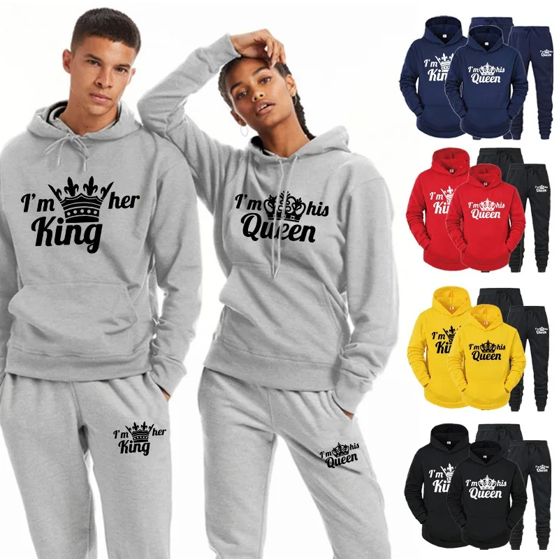 King Queen Hoodie Suit for Couples, Casual Sports Suit, Two Sets