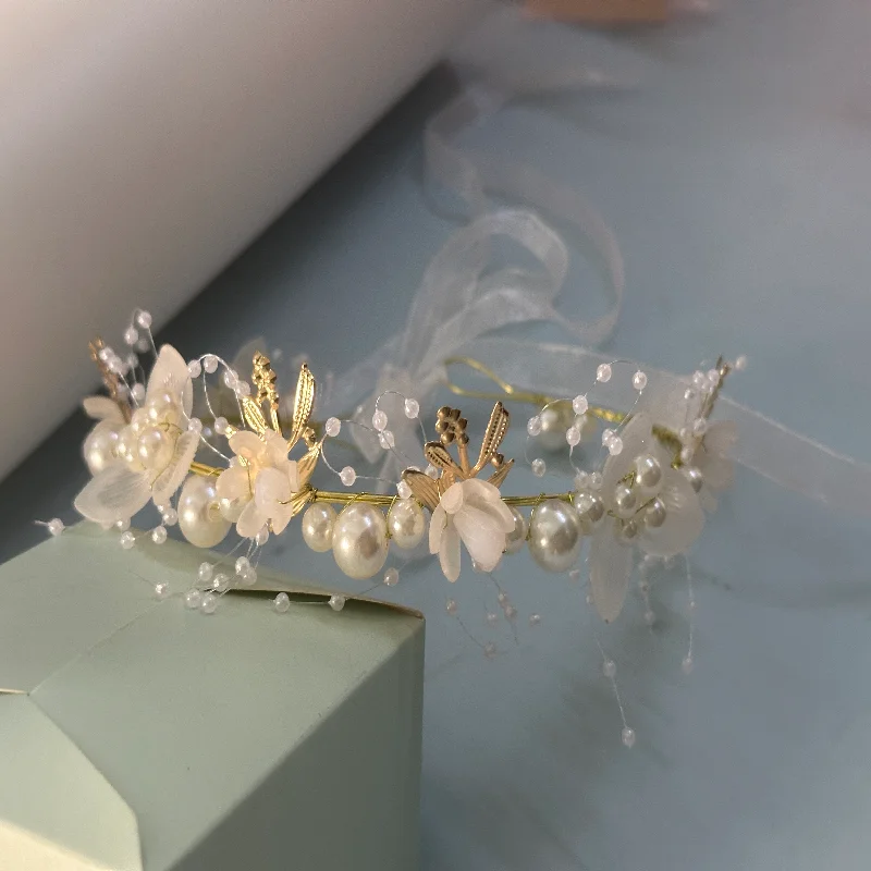 Wedding Accessory Bride Crown Hair Crystal Jewelry Tiara With Pearls Flowers Wedding Crown Floral Pearl Bridal Headband - 3