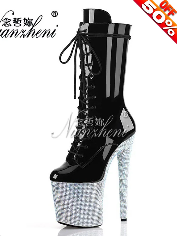 

20CM Rhinestone Peep Toe Pole Dance Shoes Stripper Heels Lace Up Platform Boots Models Nightclub Show Mature Party Sexy Fetish