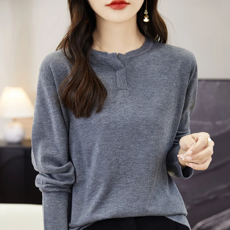 

Women's Pullover Spring/Autumn New Worsted Wool Sweater Casual Solid Color Knitwear Ladies' Clothes Loose Round Neck Blouse