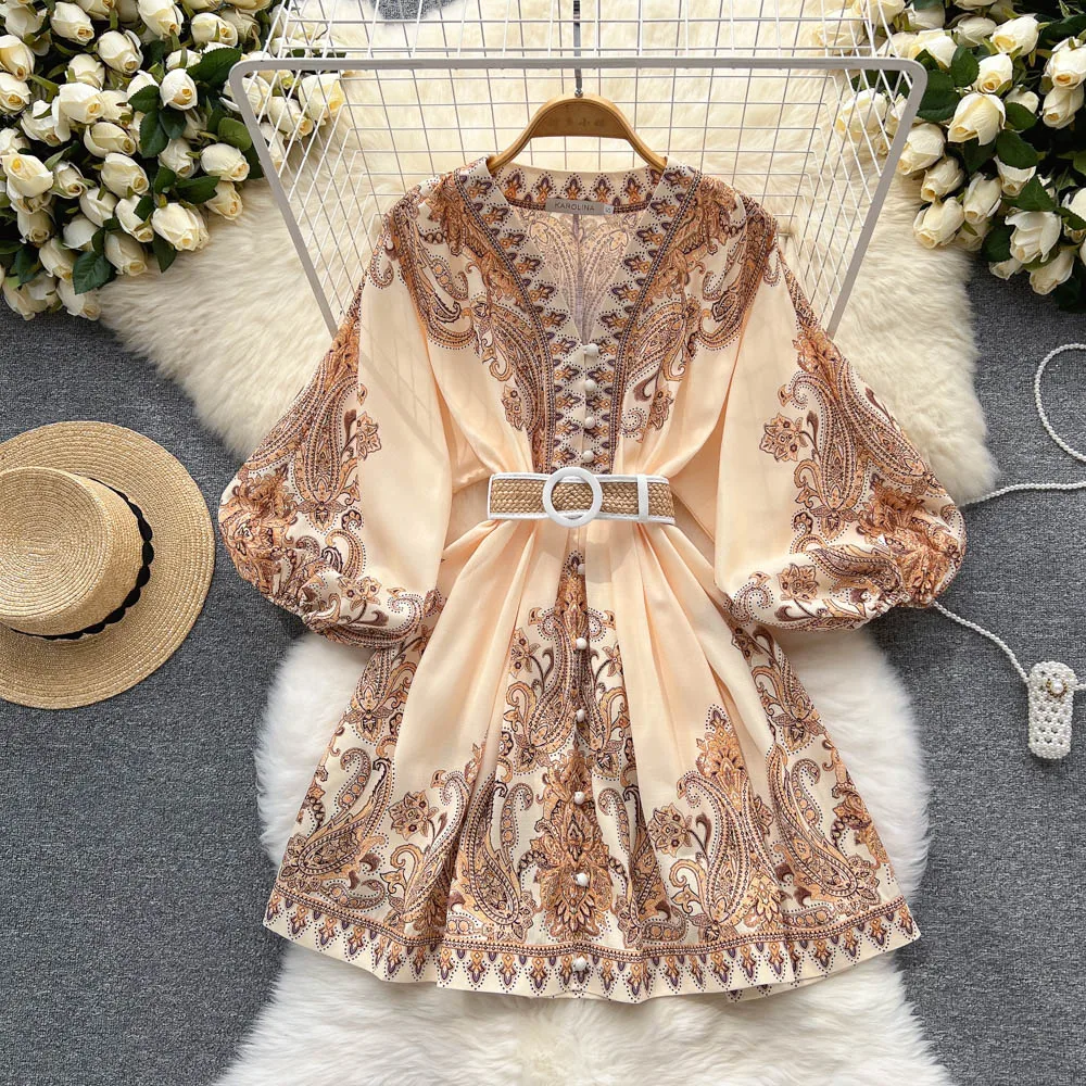 

Women's Dress 2023 Spring/Summer Bohemian Fashion Paisley Print Vintage Dress V-neck Lantern Sleeve Lace Up Mini Dress New