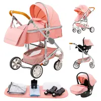 Poussette bébé pliable 3-en-1, poussette haute avec capote réglable et amortisseur, chariot portable pour nouveau-né et tout-petit 4