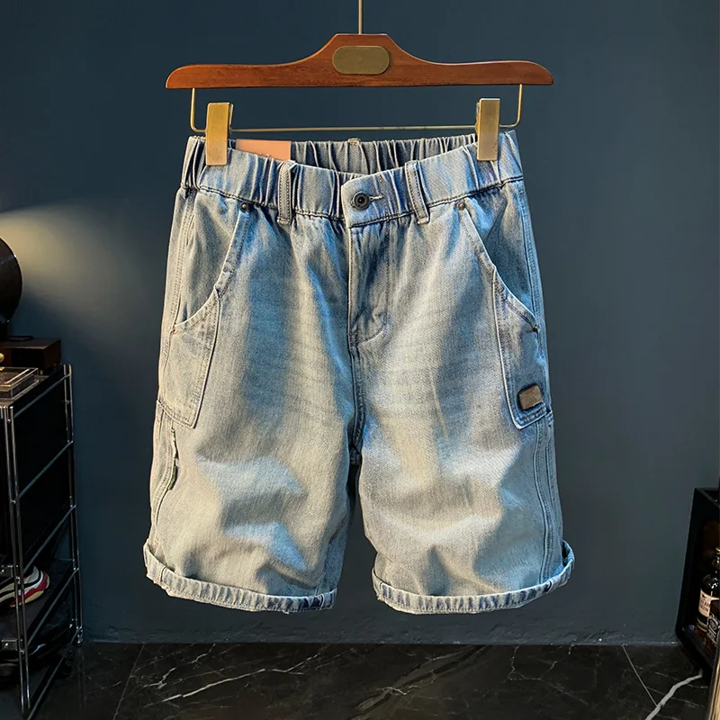 

Summer casual denim shorts men2024summer light blue straight loose elastic waist elastic capri pants