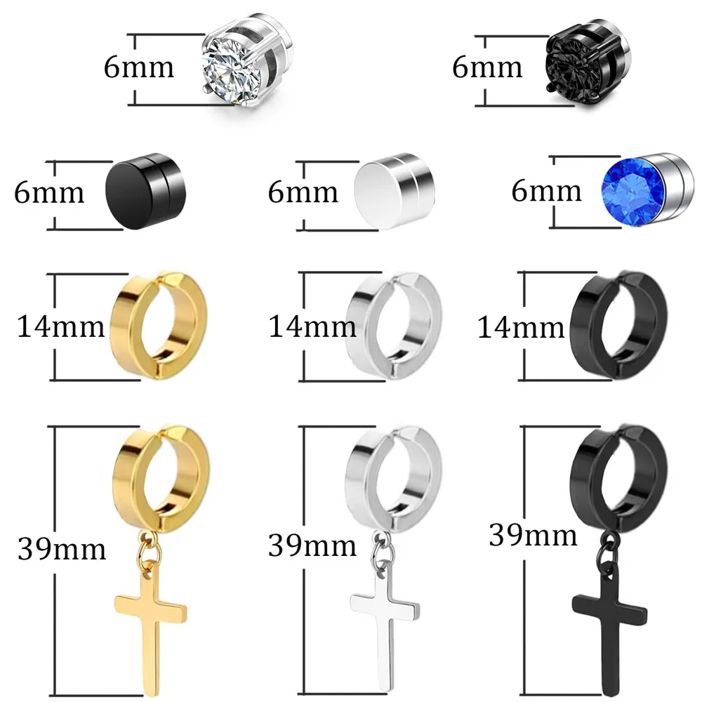 1 Pair/11 Pairs Magnetic Cubic Zirconia Fake Stud Earrings Clip on Non Pierced Dangle Cross Hoop Earrings Set for Men Women hoop earrings,stud earrings,ear clip earrings,clip earrings,ear clip,ear accessories,magnetic earrings